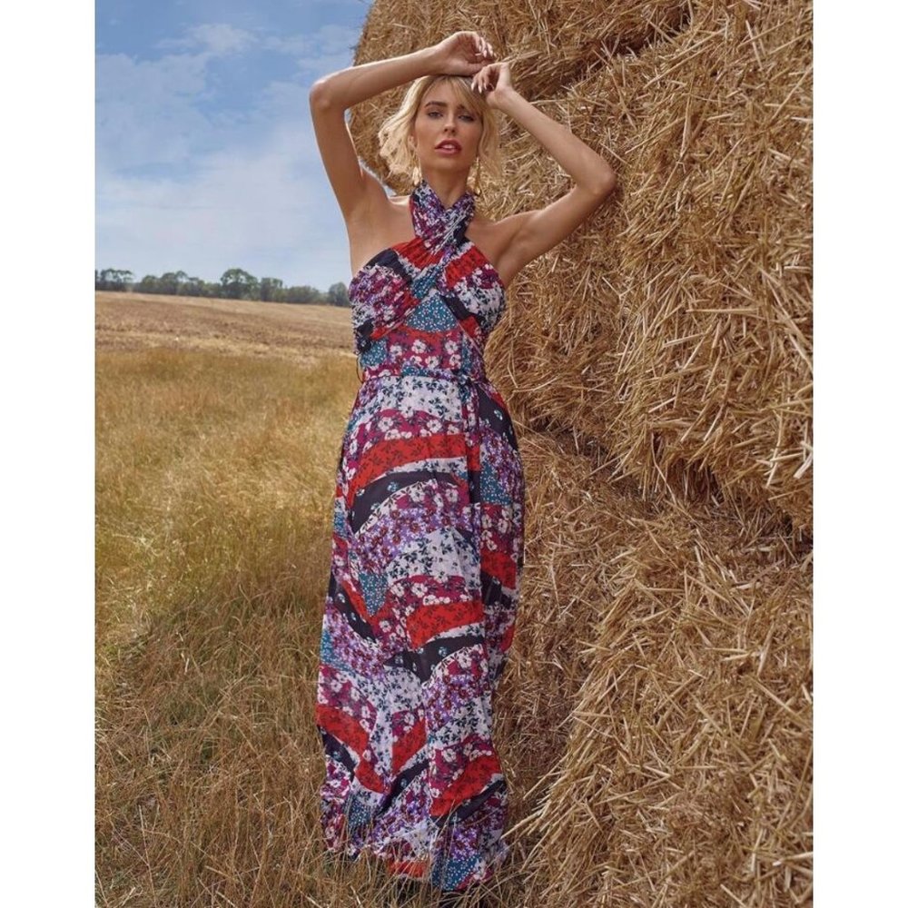 Floral Patchwork Belted Halter Maxi Dress